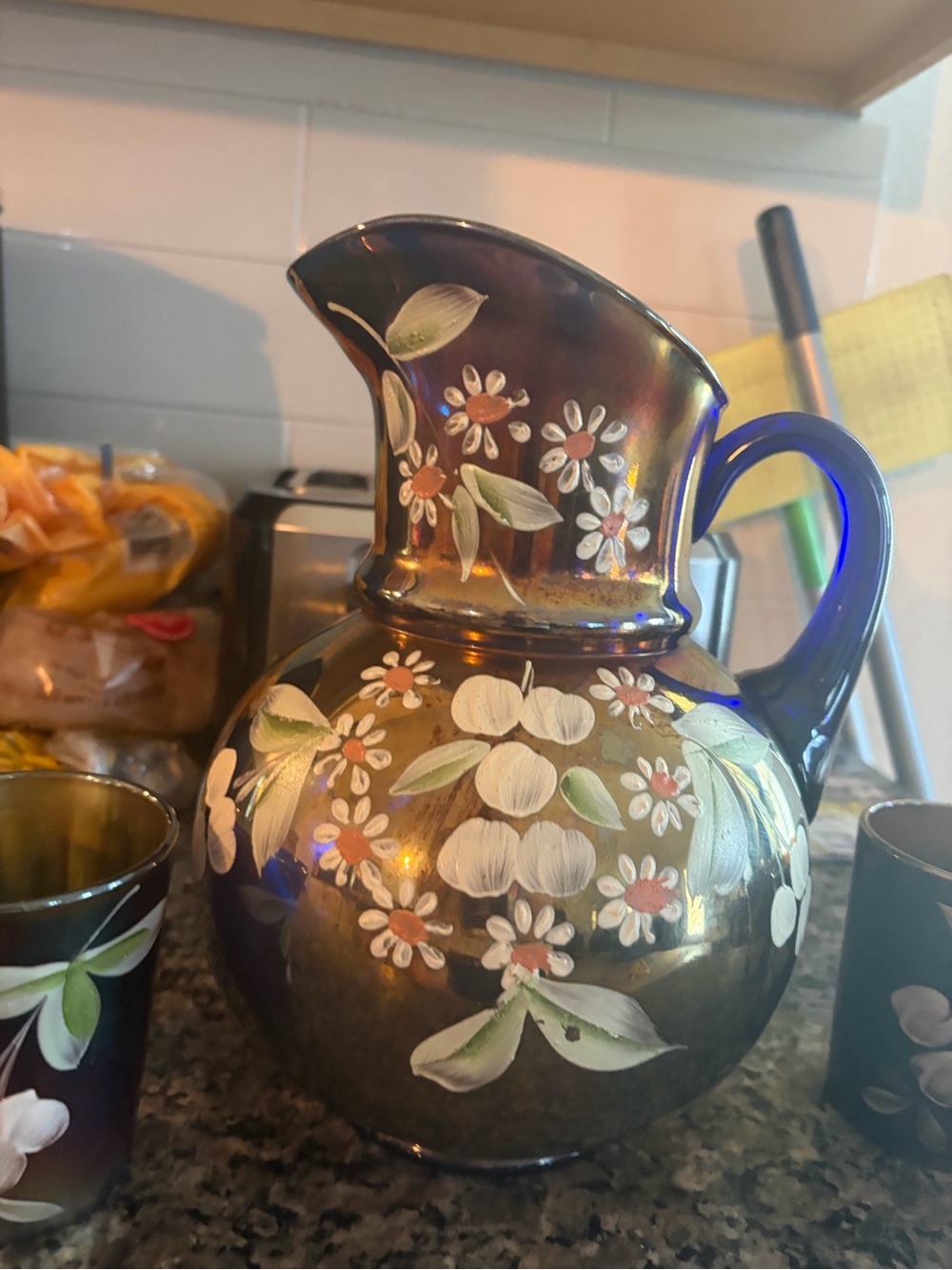 Fenton Iridescent Blue Hand-Painted Floral Pitcher